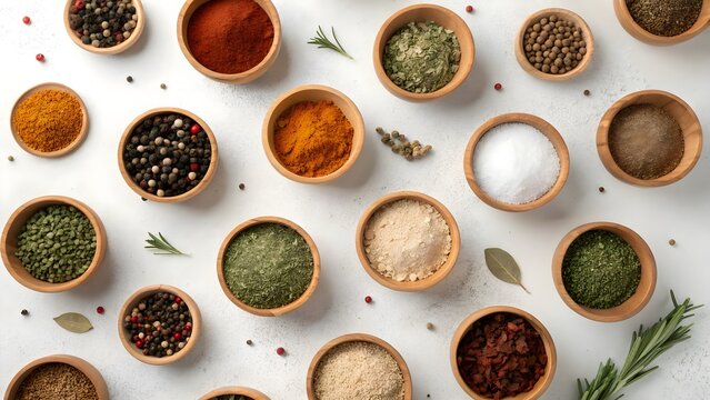 Assorted colorful spices and herbs in wooden bowls. Culinary background and cooking concept.