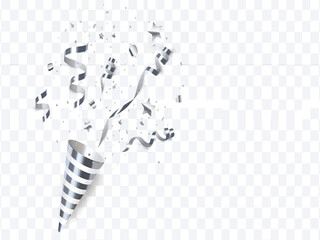 Festive silver confetti popper exploding with shiny streamers