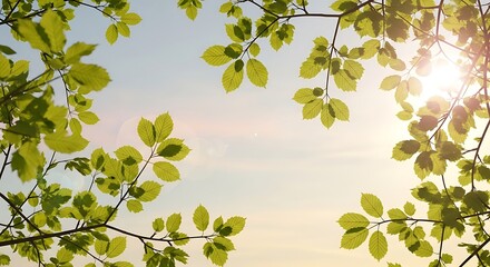 Natural spring branches composition, short and long twigs with fresh light-green leaves, glowing sunlight and bokeh, pastel sky, calm mood