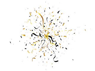 Confetti Explosion with Gold and Black Ribbons on White Background
