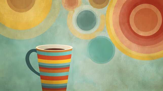 Stylized striped beverage container sits against a background of abstract concentric circles - Powered by Adobe