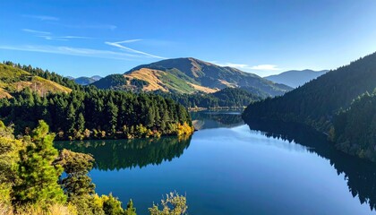 Peaceful Mountain Lake Reflecting Autumn Hills Under a Clear Blue Sky and Golden Sunlight