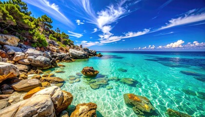 Panoramic Coastal Town with Colorful Rooftops and Mountainous Backdrop Under a Bright Blue Sky