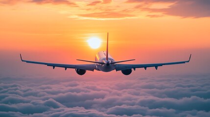 Airplane flying through sunset clouds breathtaking aerial view high resolution photo