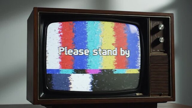 An old tube television displays a test pattern and "Please Stand By" on its screen