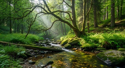 Obraz premium Serene forest scene featuring a clear stream flowing through lush greenery and mossy rocks