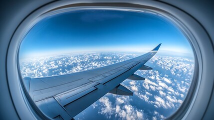 Airplane window view over snowy mountains aerial flight high resolution photo