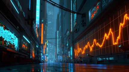 Futuristic cityscape features towering structures illuminated by vibrant digital displays showing financial data