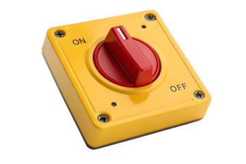 Yellow industrial rotary switch with red handle isolated on transparent background