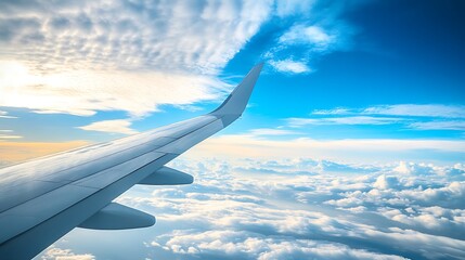 Obraz premium Airplane wing view above clouds sunset sky travel high resolution photo