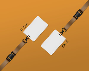 Professional ID card lanyard mockup showing front and back badge views on orange background. Clean, realistic design ideal for branding and identity display