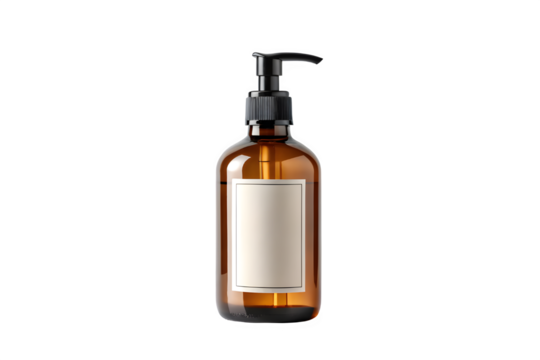 Amber glass soap dispenser with blank label isolated on transparent background