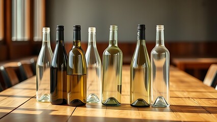 tennessine. Still life of empty wine bottles casually arranged on a wooden table. bar promotions, beverage menus, designed for food & beverage menus and cafe branding, used by architects.