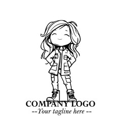 Fototapeta premium Black and White Chibi Girl Standing in Jacket, Pants, and Boots. Simple Bold Vector Illustration 