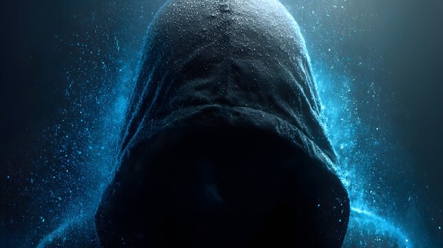 Mysterious figure shrouded in darkness wearing a hood illuminates with glowing particles