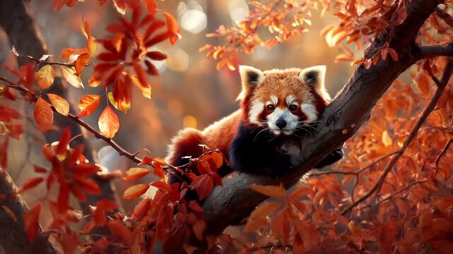 A vivid portrayal of a red panda resting on a tree branch amidst a backdrop of autumnal foliage. The pandas fur is a rich reddishbrown with black and white markings.