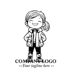 Black and White Chibi Girl Standing in Jacket, Pants, and Boots. Simple Bold Vector Illustration
