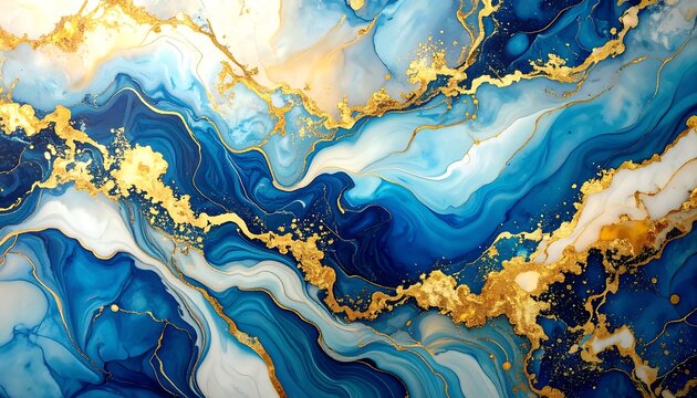 Abstract marbled design in blue and gold