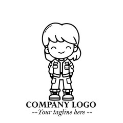 Black and White Chibi Girl Standing in Jacket, Pants, and Boots. Simple Bold Vector Illustration
