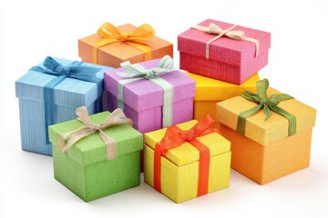 Stack of soft vivid colored gift boxes tied golden bows. Joy, anticipation of receiving presents. Giftboxes heap neat stacked on white backdrop. Gift box set in large pile. Distinctive present boxes