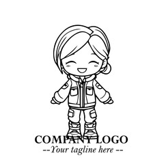Black and White Chibi Girl Standing in Jacket, Pants, and Boots. Simple Bold Vector Illustration
