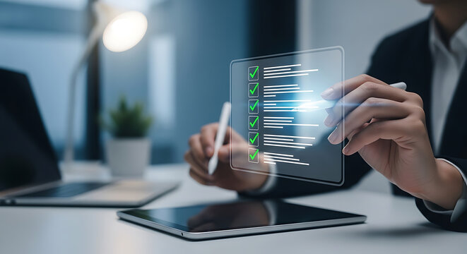 Businesswoman using a stylus on a digital tablet, interacting with a virtual checklist, document, and digital interface in an office environment.