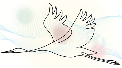 Elegant Minimalist Continuous Line Art of a Flying Crane Bird with Soft Pastel Waves