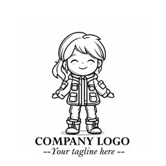Black and White Chibi Girl Standing in Jacket, Pants, and Boots. Simple Bold Vector Illustration
