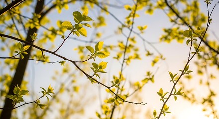 Random pattern of thin and thick spring branches, light-green leaves glowing under sun, dreamy pastel sky, airy natural light