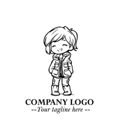 Black and White Chibi Girl Standing in Jacket, Pants, and Boots. Simple Bold Vector Illustration
