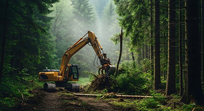 Excavator in a misty forest clearing, environmental impact concept.