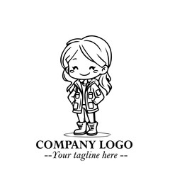 Black and White Chibi Girl Standing in Jacket, Pants, and Boots. Simple Bold Vector Illustration
