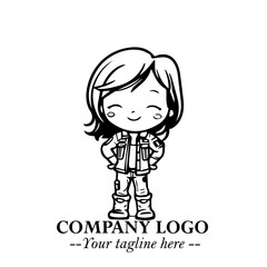Black and White Chibi Girl Standing in Jacket, Pants, and Boots. Simple Bold Vector Illustration

