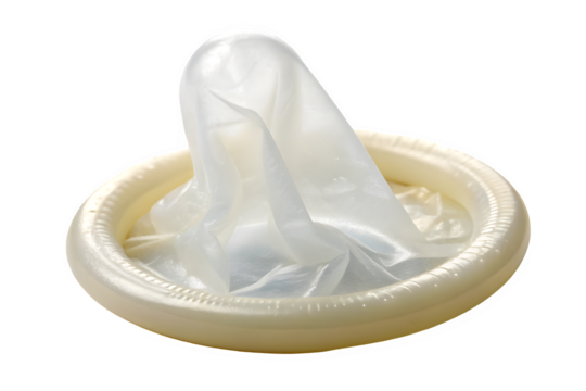 Close up of a white condom isolated on transparent background