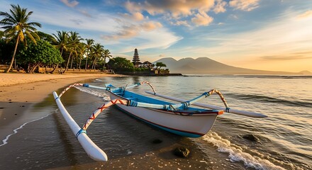 Traditional Balinese boat on the shore at sunrise with mountain backdrop