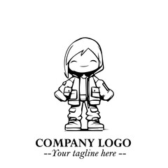 Black and White Chibi Girl Standing in Jacket, Pants, and Boots. Simple Bold Vector Illustration
