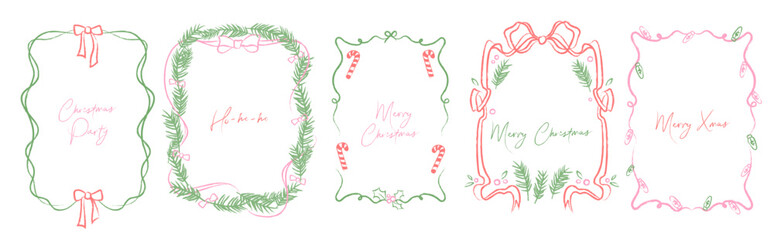 Set of hand drawn Christmas frames. Doodle line art borders, ribbons and bows, Christmas garland, mistletoe, candy cane, fir branches. Festive decoration for greeting card, invitation, holiday design.