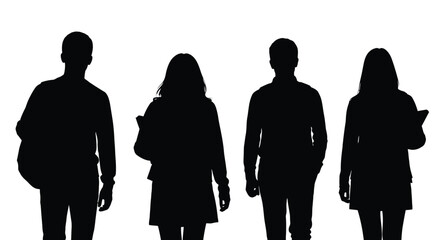 Silhouette of group of students isolated on white background for education use