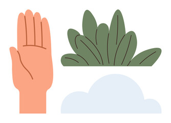 Raised hand beside green leaves and cloud, promoting sustainability, peace, mindfulness, nature connection, environmental care, eco-awareness, and balance in life. A simple flat metaphor
