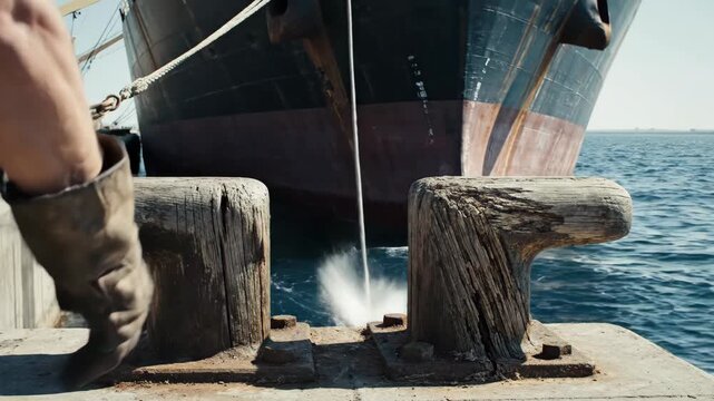 Hands skillfully tie a thick rope around a sturdy bollard as a large ship approaches the harbor. The sun shines brightly over the calm sea, creating a lively seaside atmosphere.