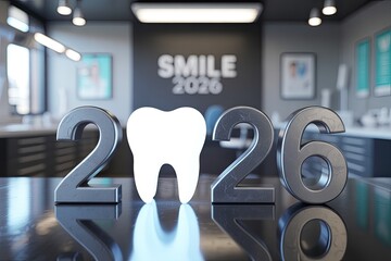 Dental 2026 concept with chrome numbers and 3D tooth model on glossy blue surface