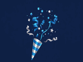 Festive Celebration with Confetti and Party Streamers on a Blue Background