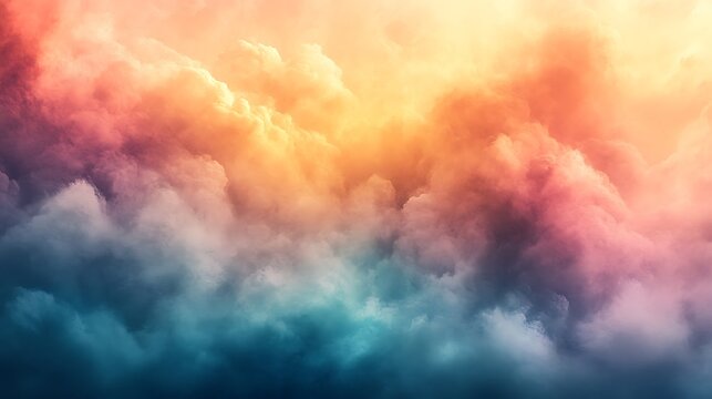Dramatic abstract gradient with flowing clouds of vibrant coral, gold, and deep teal