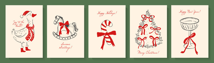 Fototapeta na wymiar Set of retro hand drawn Christmas and New Year greeting card designs featuring a goose wearing a Santa hat, rocking horse, candy cane, Christmas tree and wine glass, in line art style with red accents