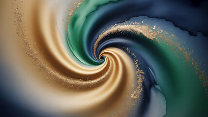 Abstract swirling vortex of earth tones and deep blues with subtle golden sparkle