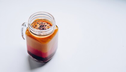 Layered blended beverage with cocoa nib topping sits on a bright white surface