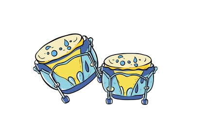 Cartoon illustration depicts two small, brightly colored hand drums set against a white background