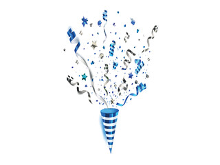 Explosion of Blue and Silver Confetti from Party Popper