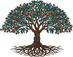 Symmetrical tree with red flowers cartoon illustration, symbolic connection and expressive nature growth artwork for design and storytelling