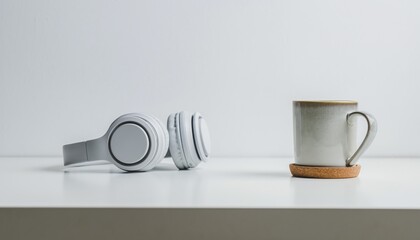 Wireless audio devices and a ceramic beverage container rest upon a light surface against a pale backdrop